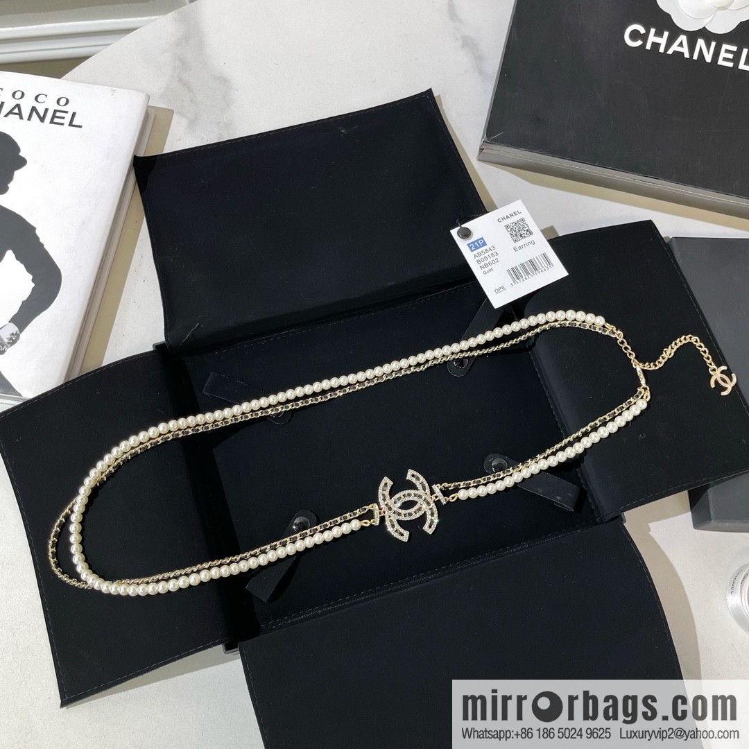 CHANEL Chanel Double C Black Leather Rope Double Pearl Necklace Sweater Chain