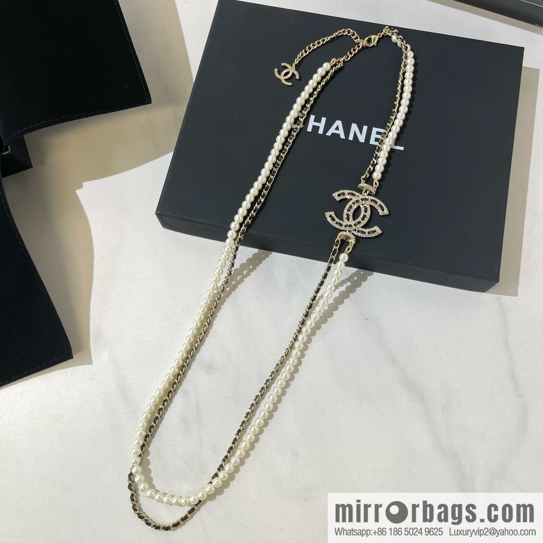 CHANEL Chanel Double C Black Leather Rope Double Pearl Necklace Sweater Chain