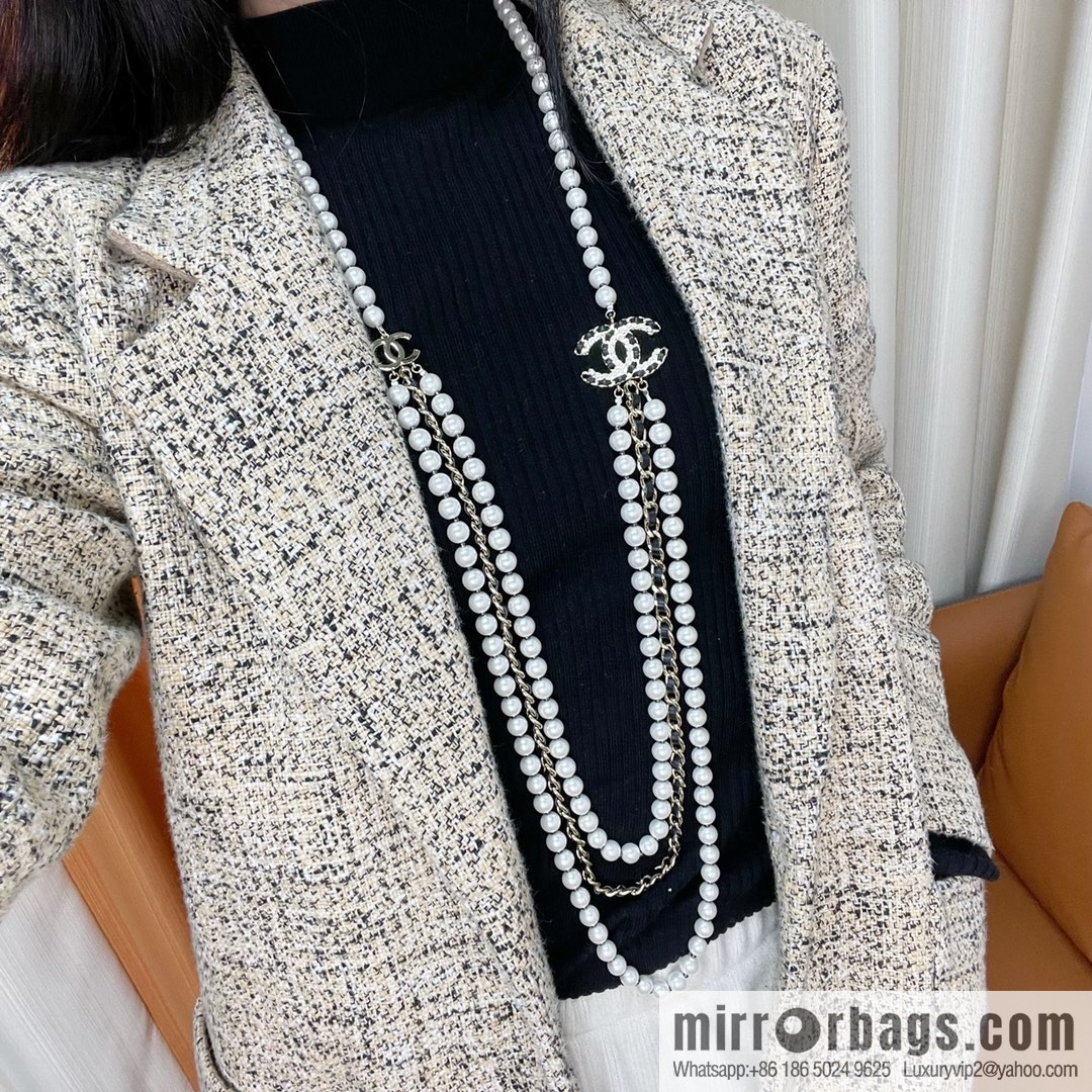 CHANEL Chanel Double C Black Leather Rope Pearl Necklace Sweater Chain