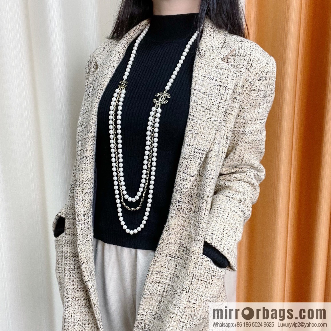 CHANEL Chanel Double C Black Leather Rope Pearl Necklace Sweater Chain