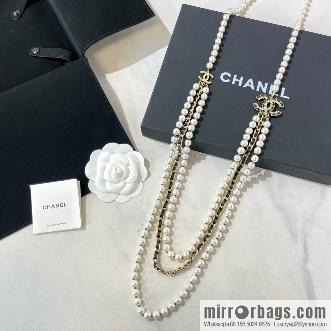 CHANEL Chanel Double C Black Leather Rope Pearl Necklace Sweater Chain