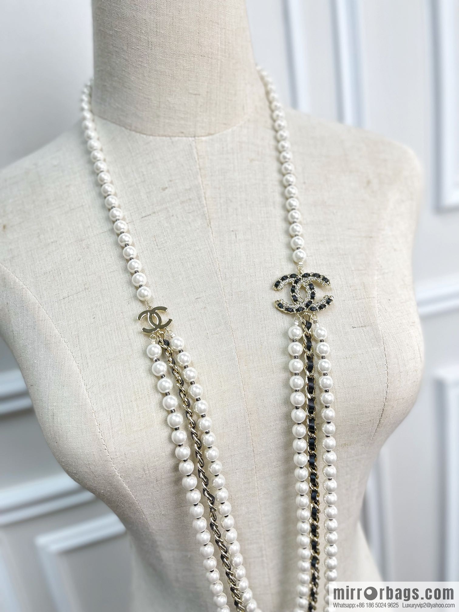 CHANEL Chanel Double C Black Leather Rope Pearl Necklace Sweater Chain