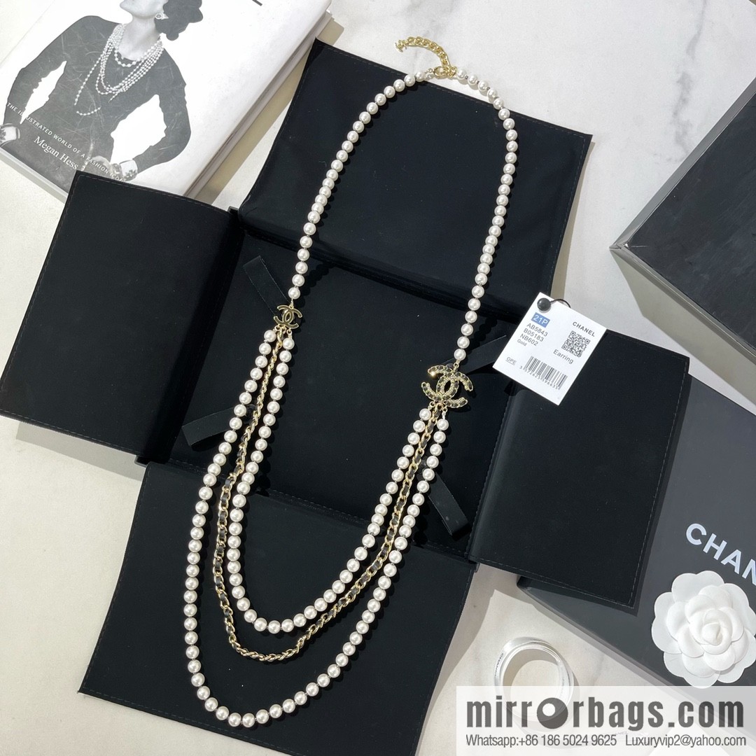 CHANEL Chanel Double C Black Leather Rope Pearl Necklace Sweater Chain