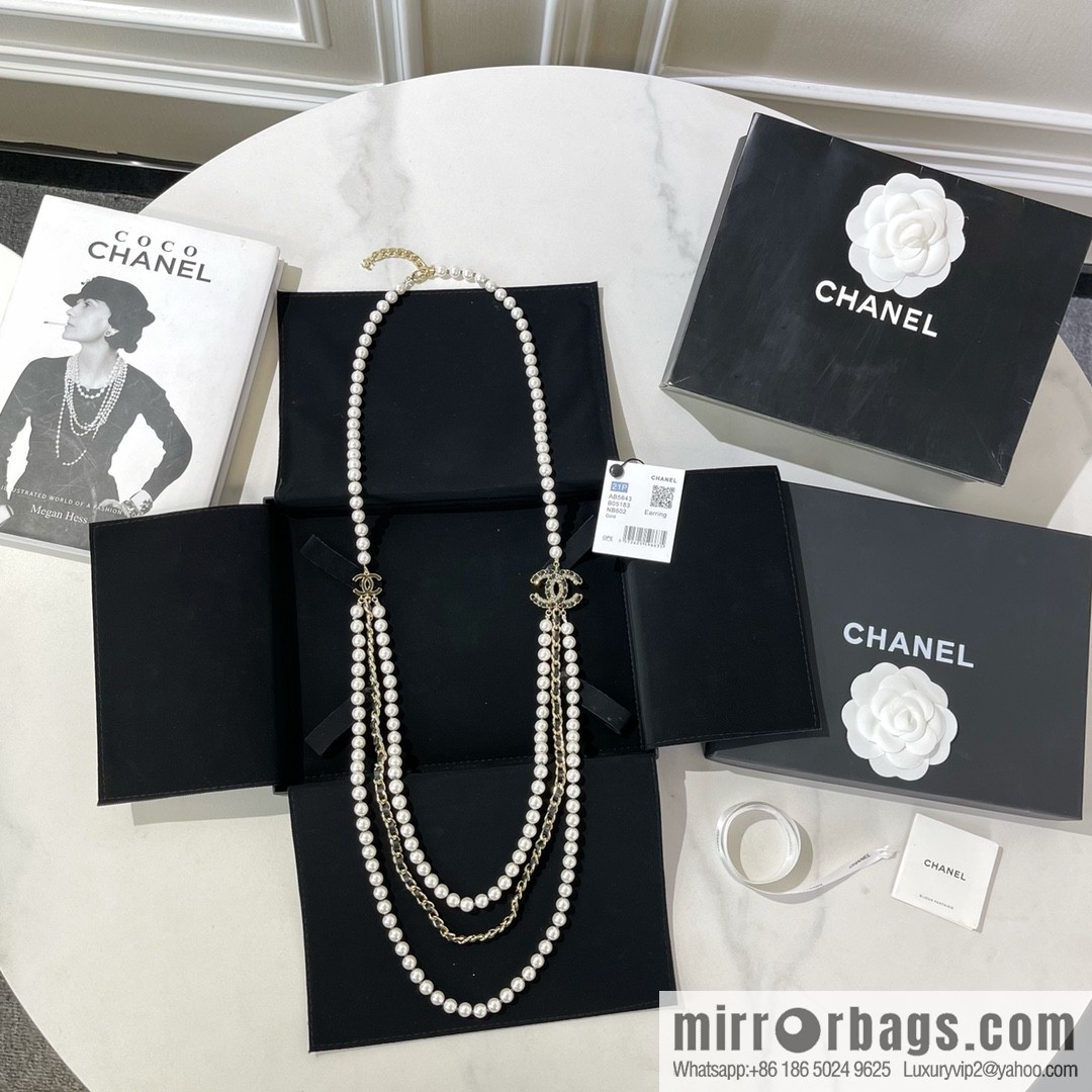 CHANEL Chanel Double C Black Leather Rope Pearl Necklace Sweater Chain