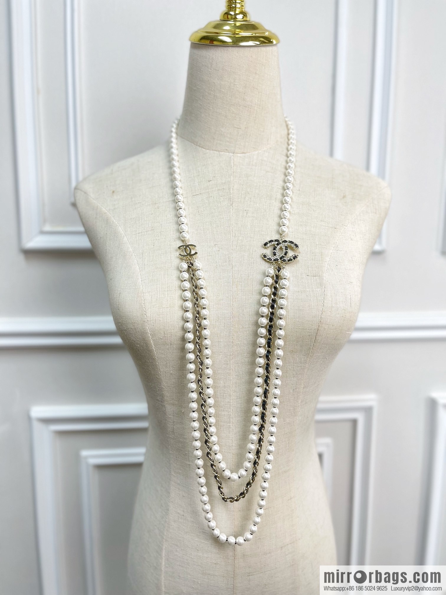 CHANEL Chanel Double C Black Leather Rope Pearl Necklace Sweater Chain