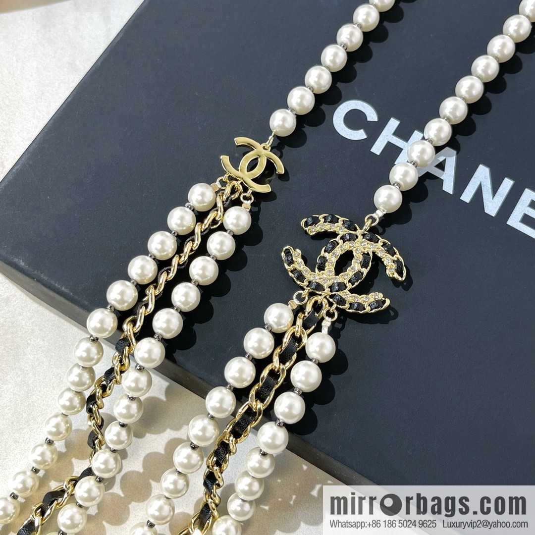 CHANEL Chanel Double C Black Leather Rope Pearl Necklace Sweater Chain