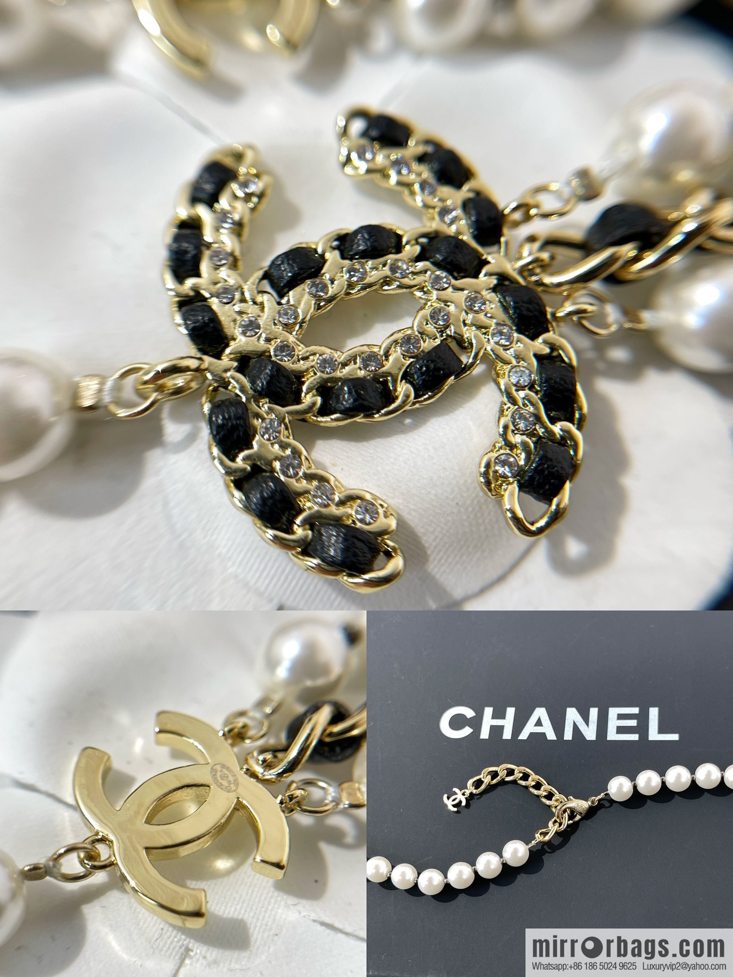 CHANEL Chanel Double C Black Leather Rope Pearl Necklace Sweater Chain