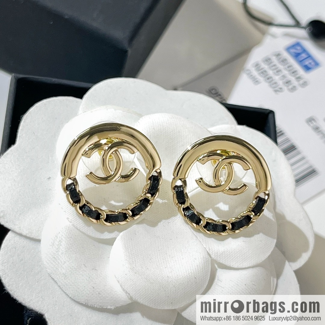 New ☑️ CHANEL Chanel double c black leather rope stud earrings