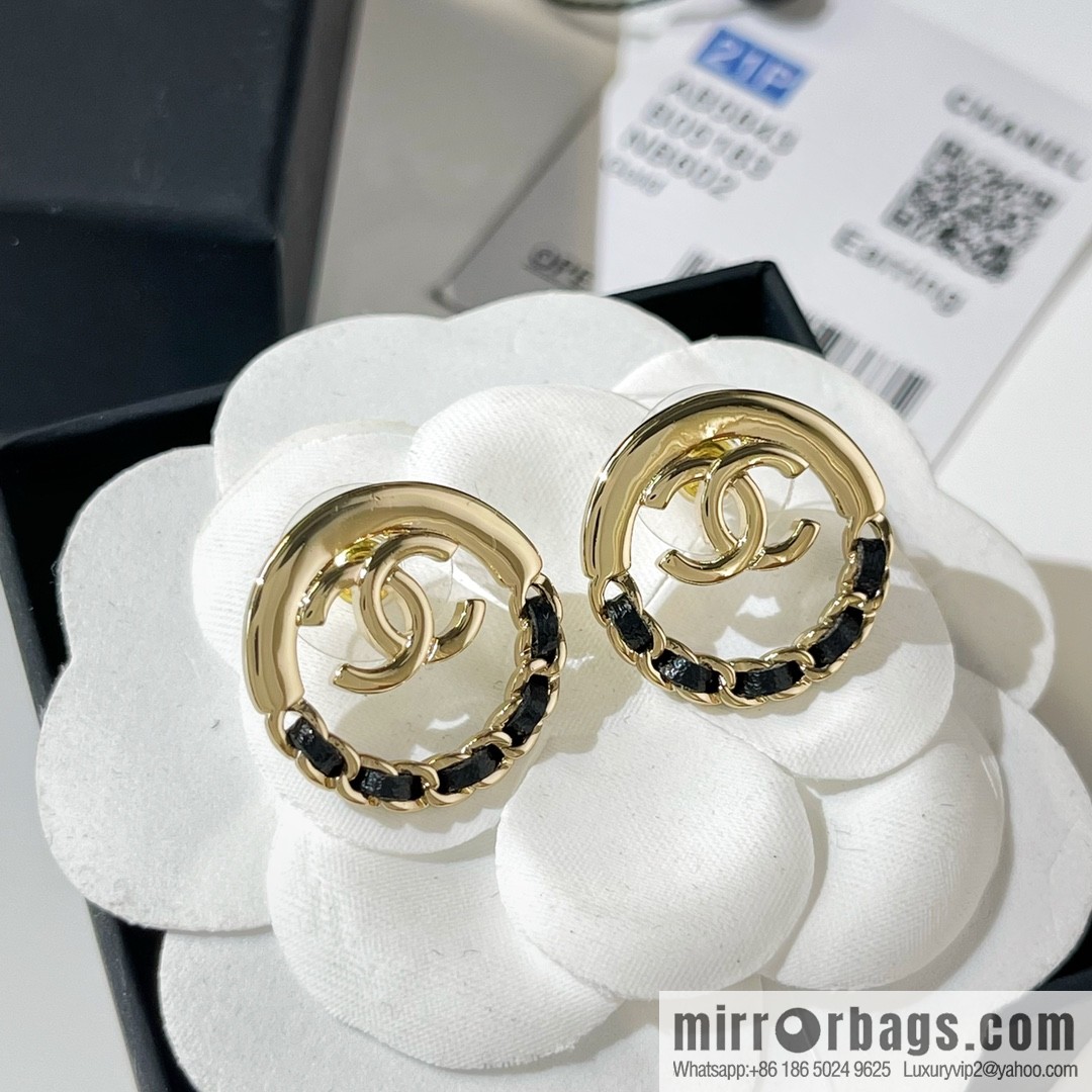 New ☑️ CHANEL Chanel double c black leather rope stud earrings