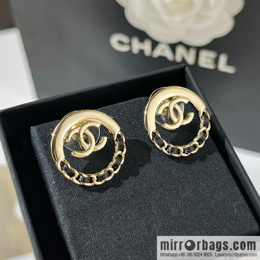 New ☑️ CHANEL Chanel double c black leather rope stud earrings
