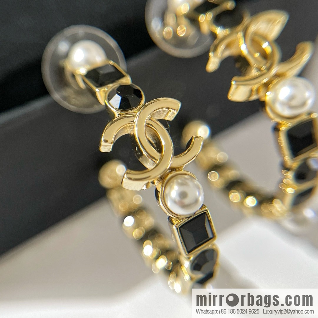 New ☑️ CHANEL Chanel double c black square diamond pearl stud earrings