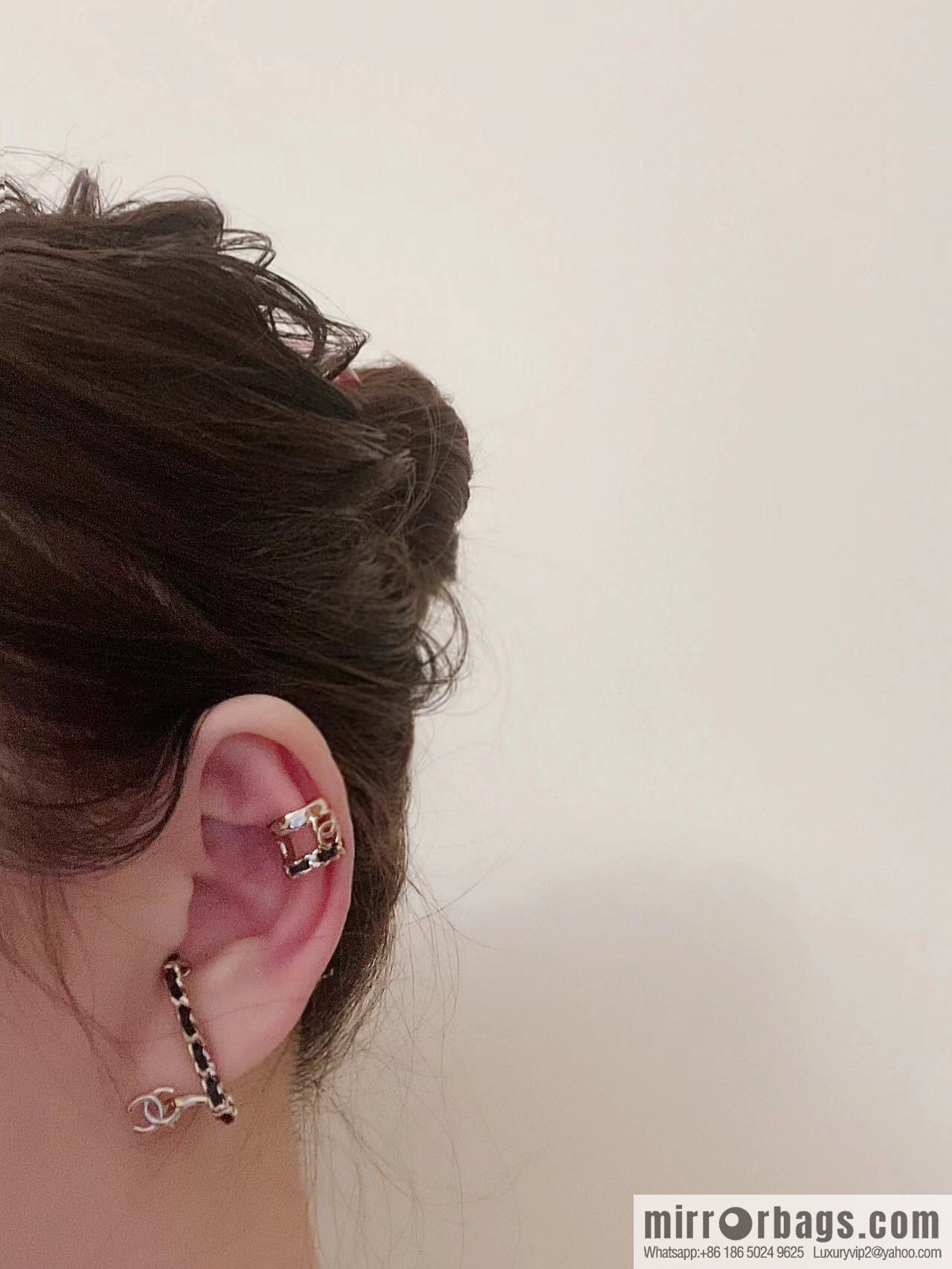 New ☑️ CHANEL Chanel black leather rope double c asymmetrical stud earrings clip