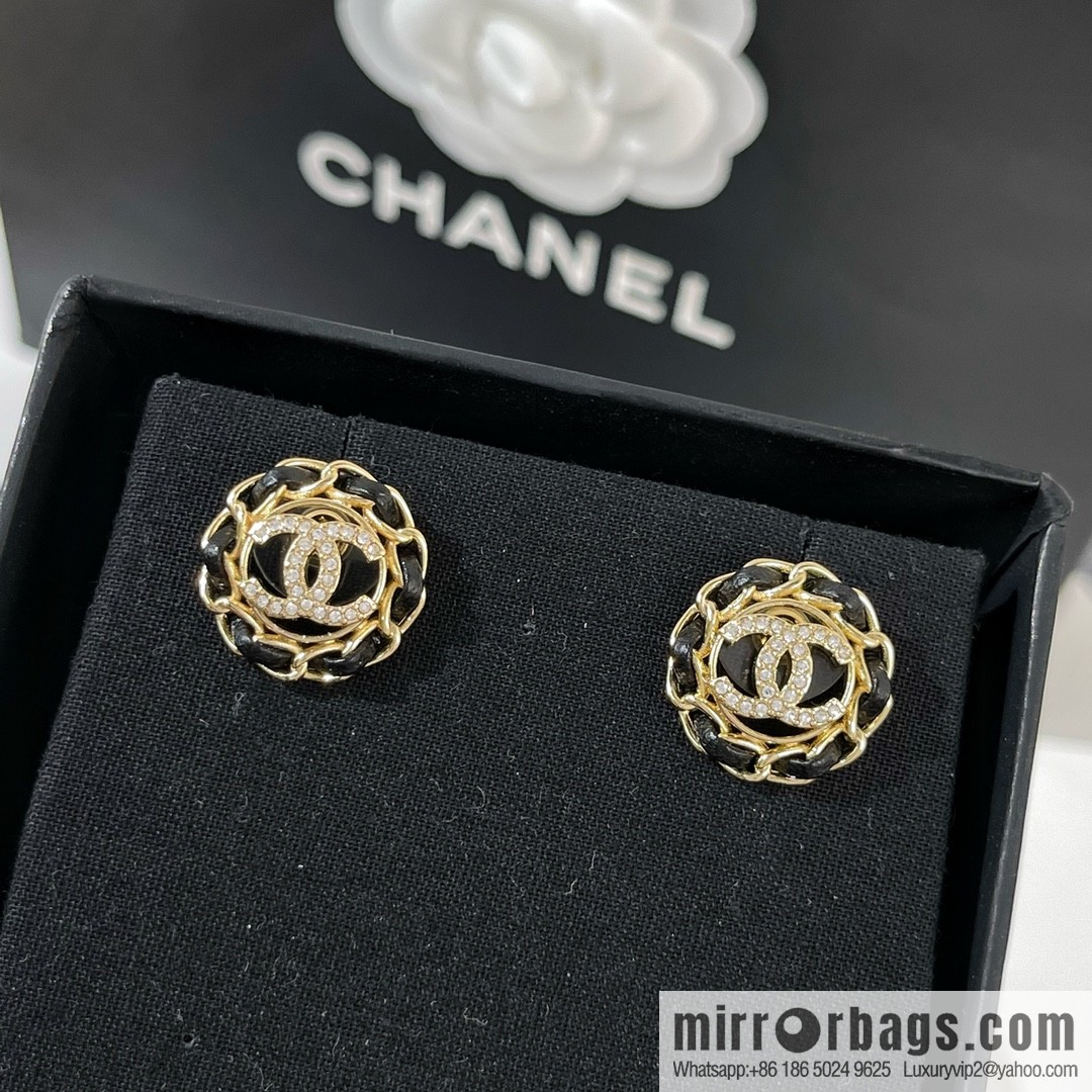 New ☑️ CHANEL Chanel double c black leather rope stud earrings