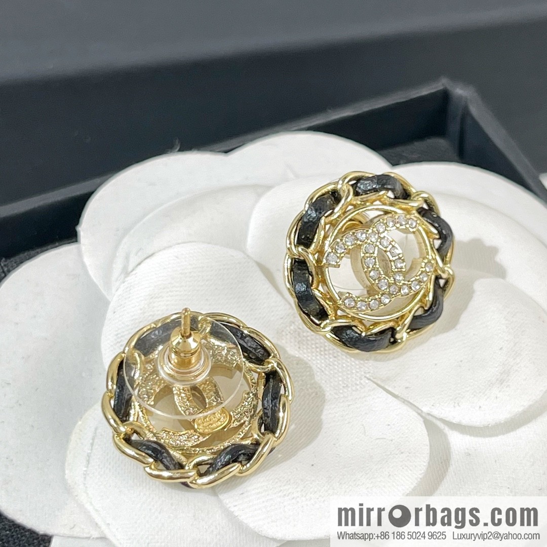 New ☑️ CHANEL Chanel double c black leather rope stud earrings