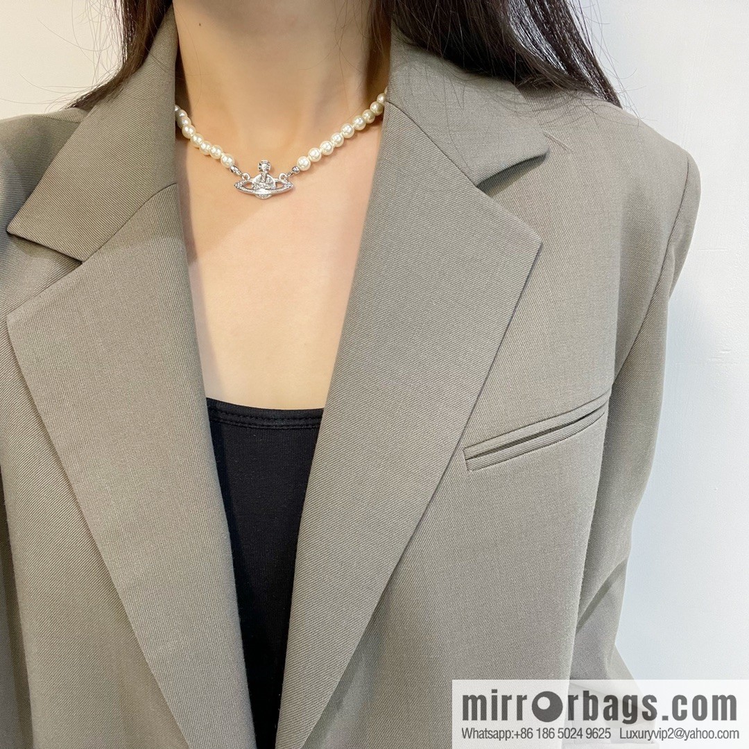 New ☑️ Vivienne Westwood Queen Mother Full Diamond Saturn Pearl Necklace