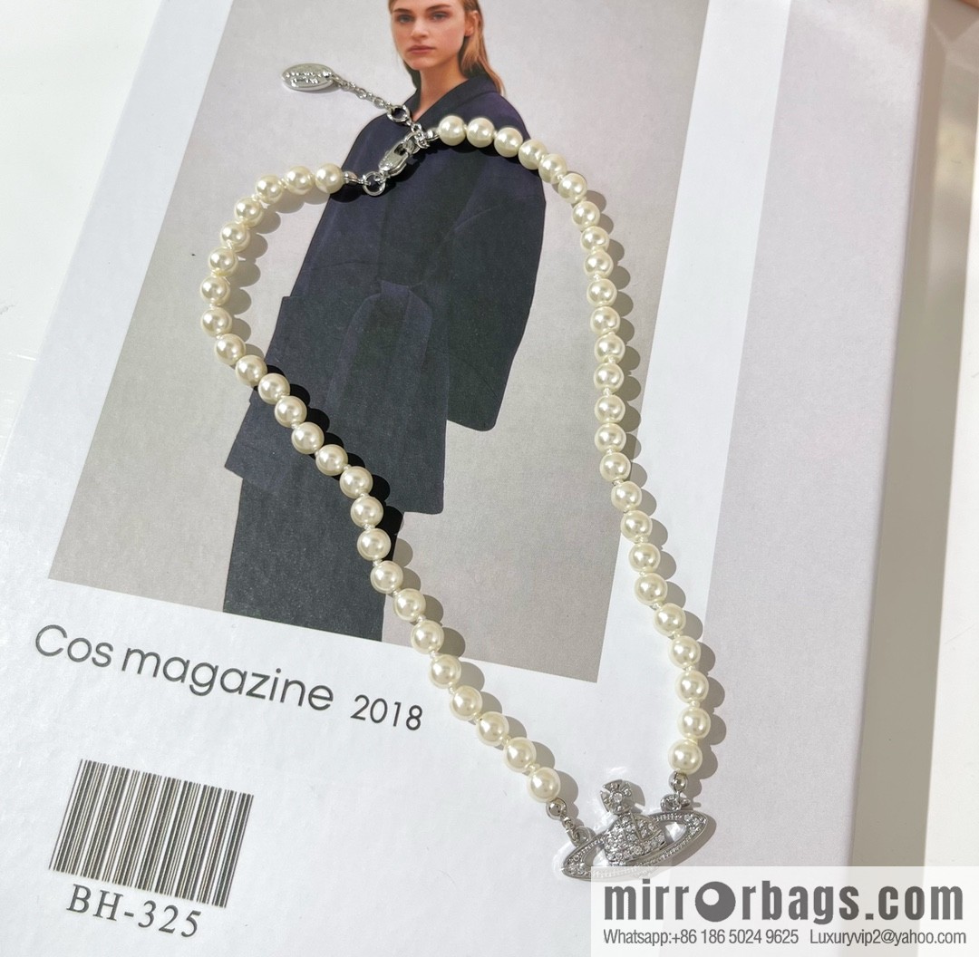 New ☑️ Vivienne Westwood Queen Mother Full Diamond Saturn Pearl Necklace