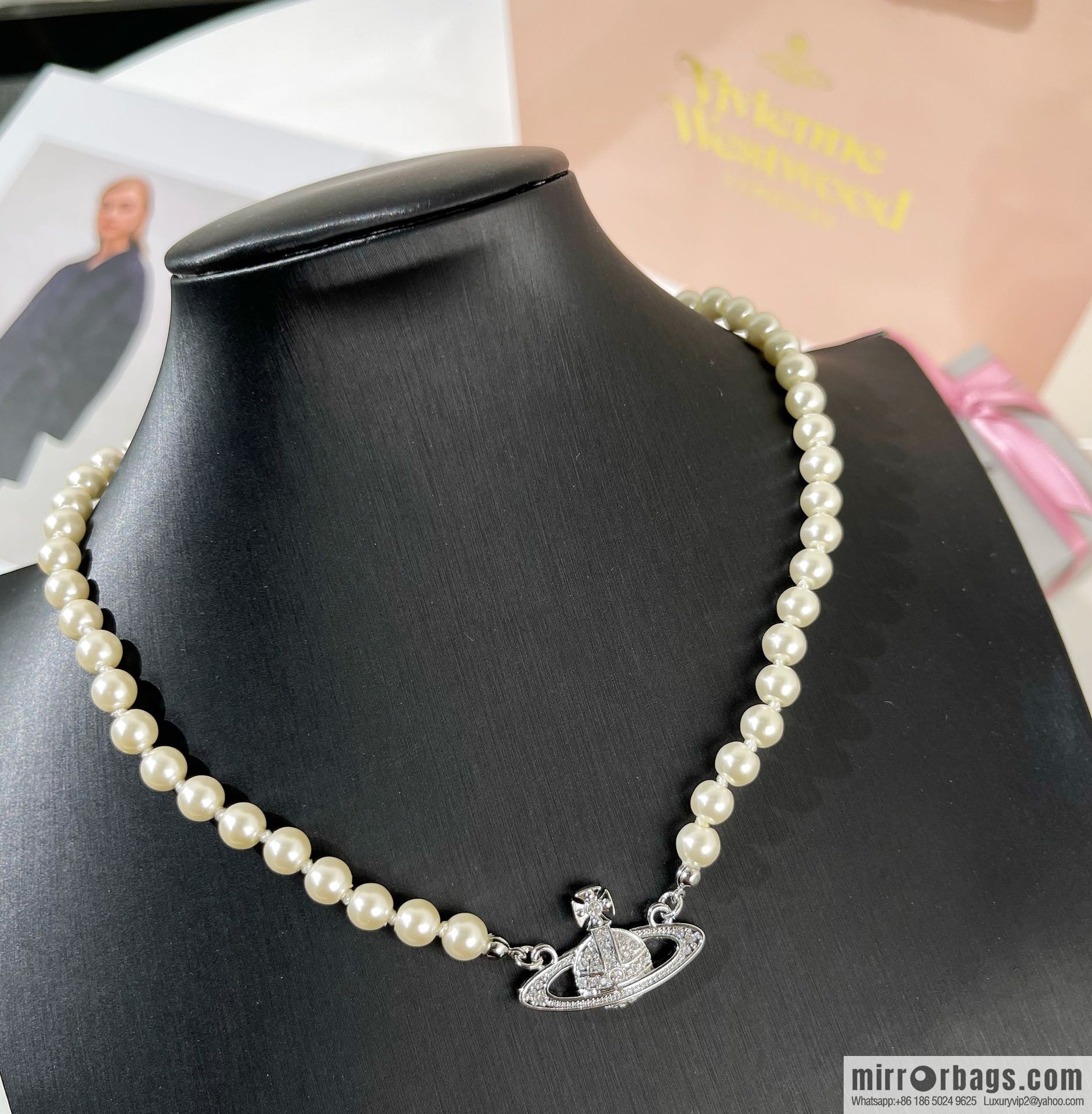New ☑️ Vivienne Westwood Queen Mother Full Diamond Saturn Pearl Necklace