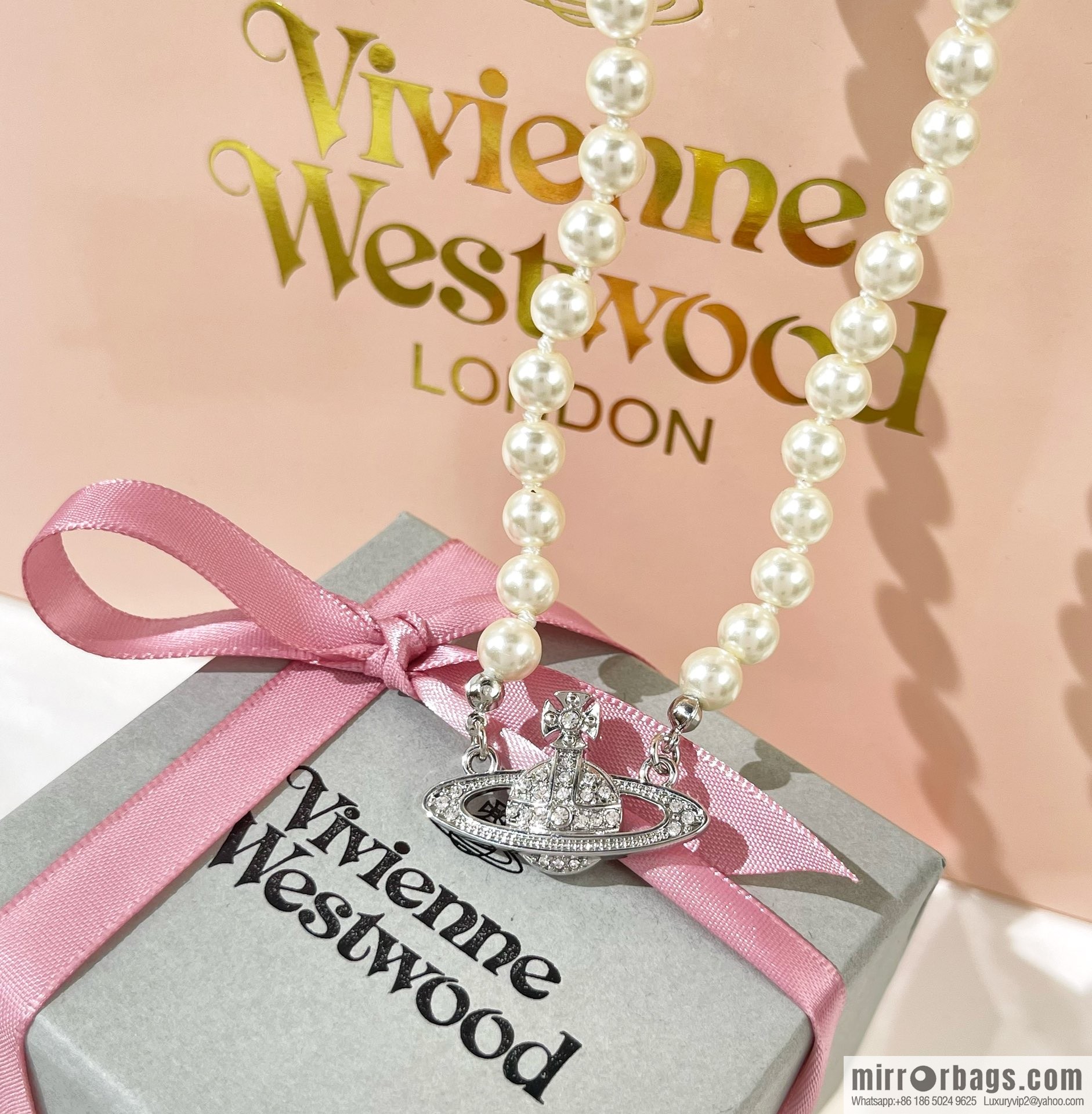 New ☑️ Vivienne Westwood Queen Mother Full Diamond Saturn Pearl Necklace