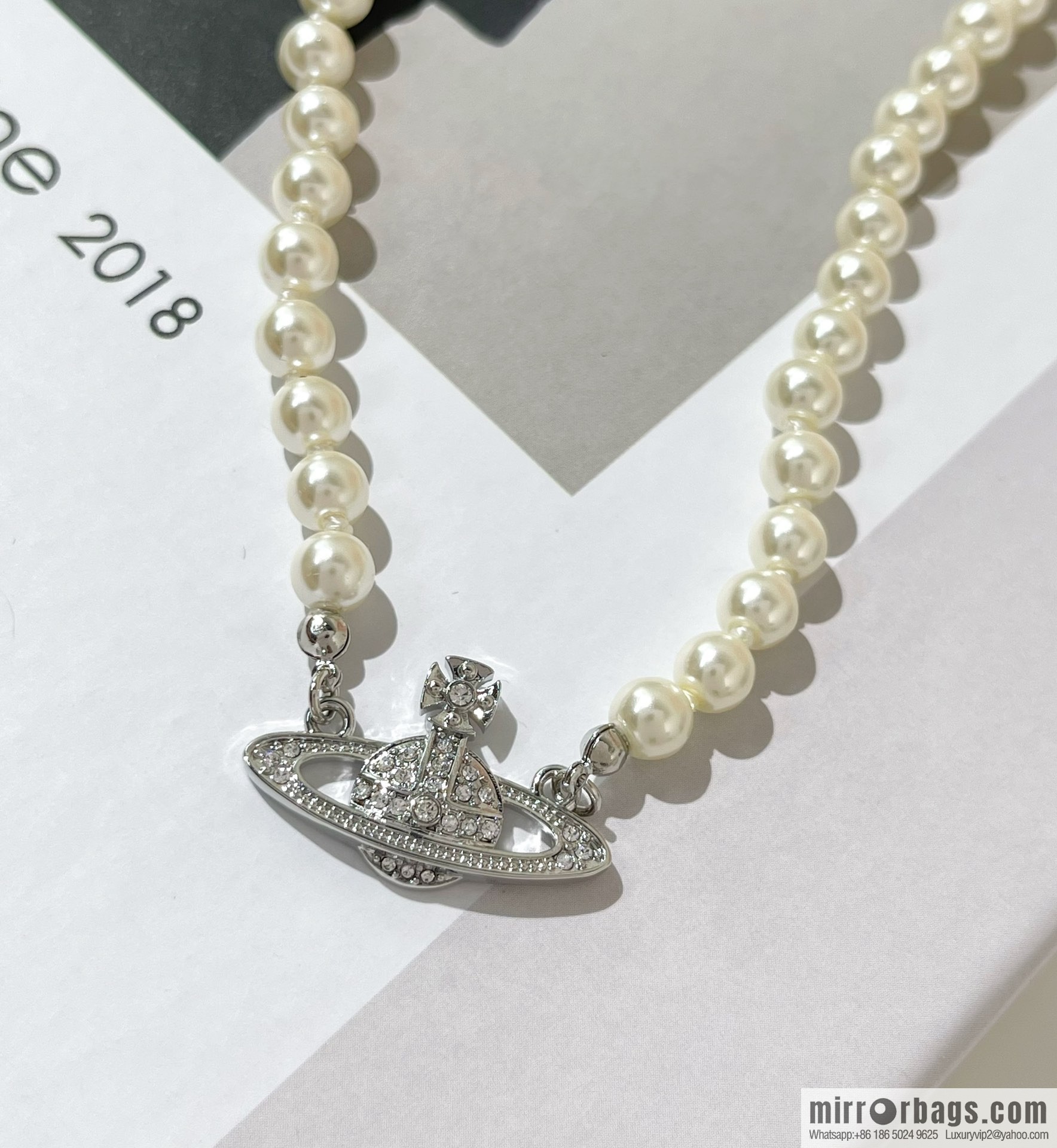 New ☑️ Vivienne Westwood Queen Mother Full Diamond Saturn Pearl Necklace