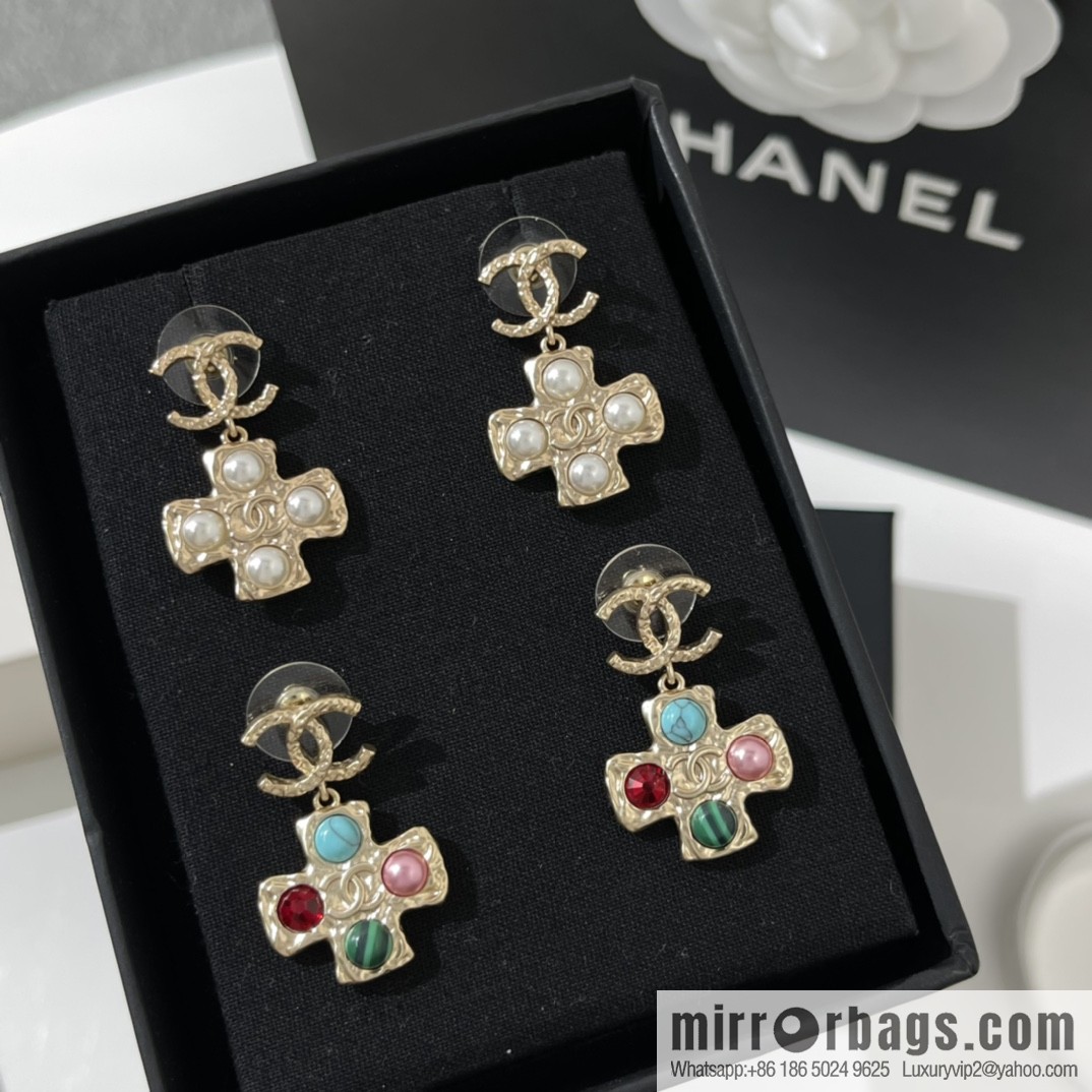 New ☑️ CHANEL Chanel double c cross pearl stud earrings