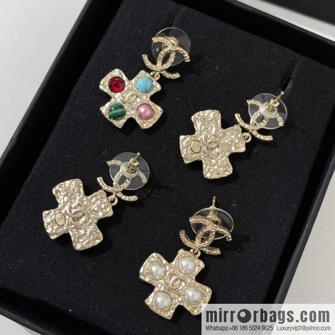 New ☑️ CHANEL Chanel double c cross pearl stud earrings