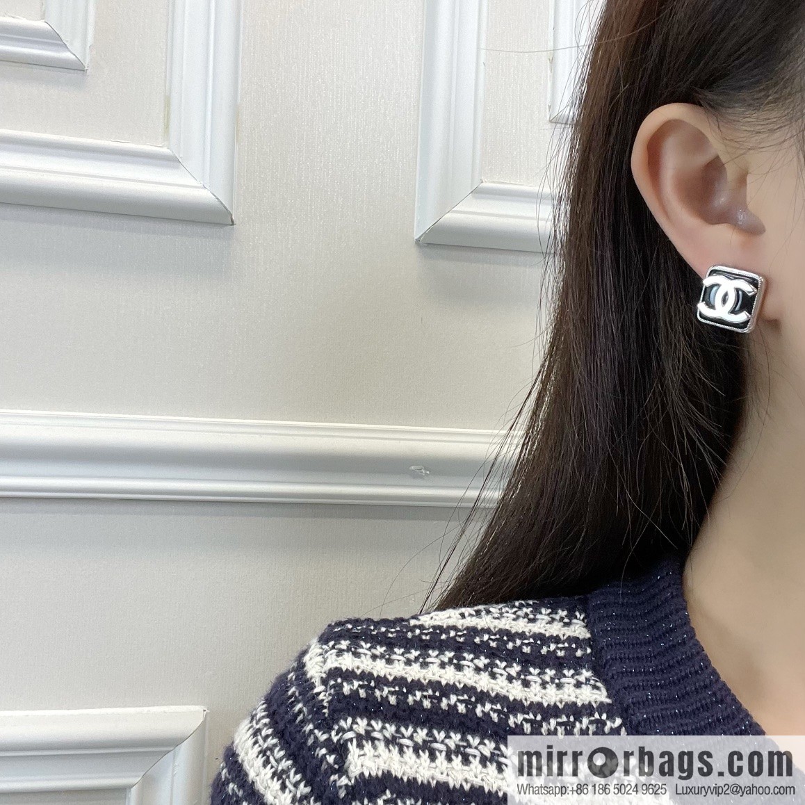 New ☑️ CHANEL Chanel double c square black and white stud earrings