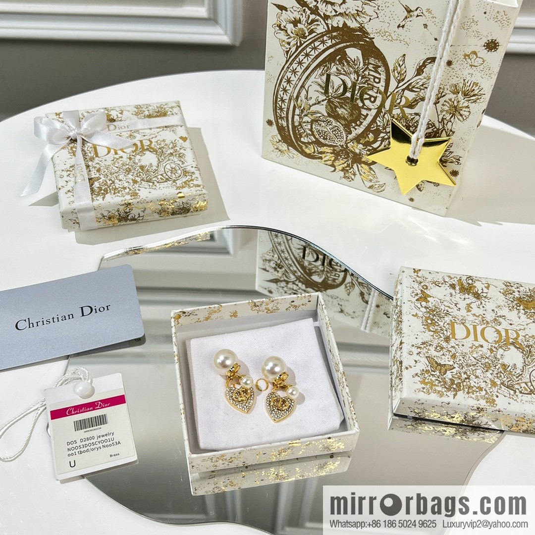 New ☑️ DIOR Dior CD full diamond peach heart size pearl stud earrings