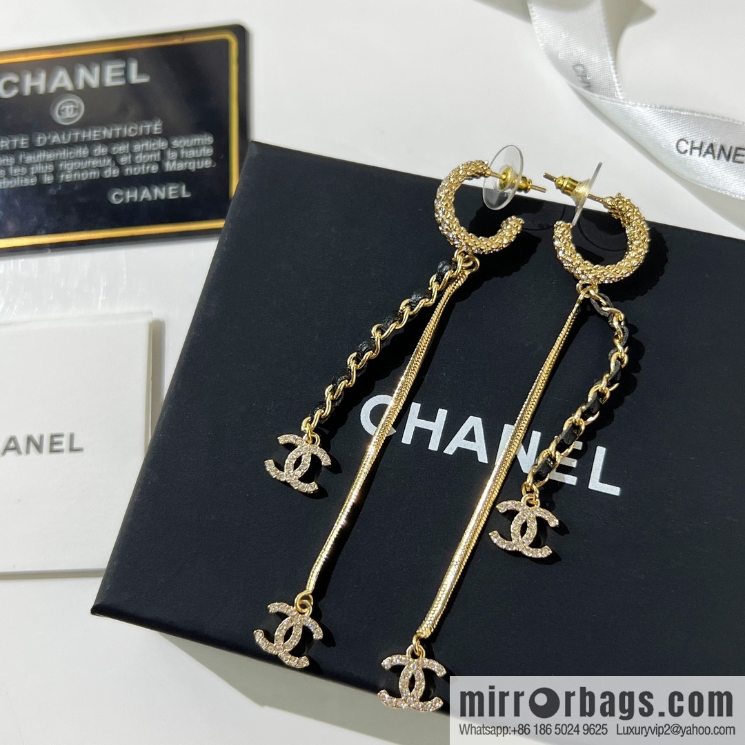 New ☑️ CHANEL Chanel double c tassel black leather rope stud earrings