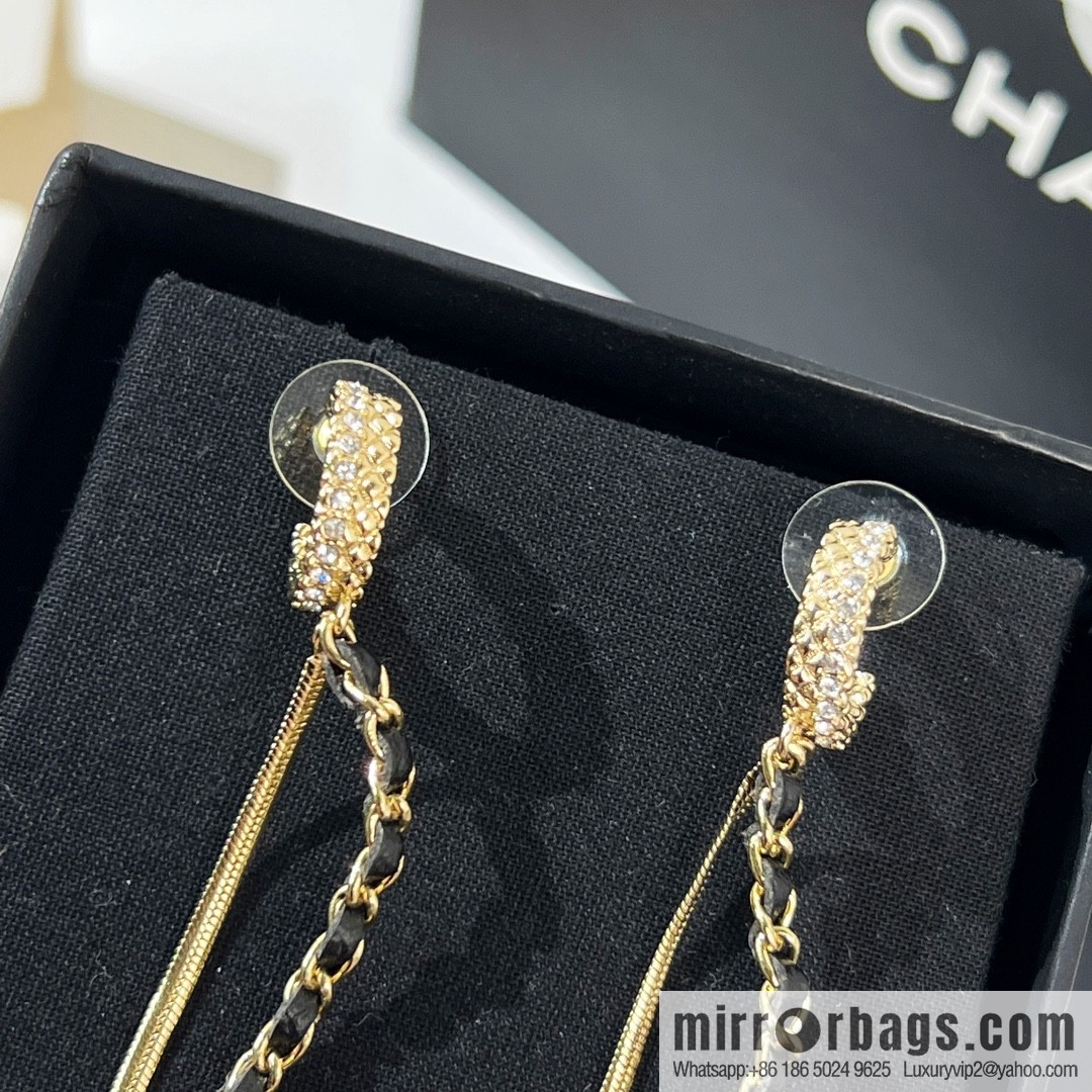 New ☑️ CHANEL Chanel double c tassel black leather rope stud earrings
