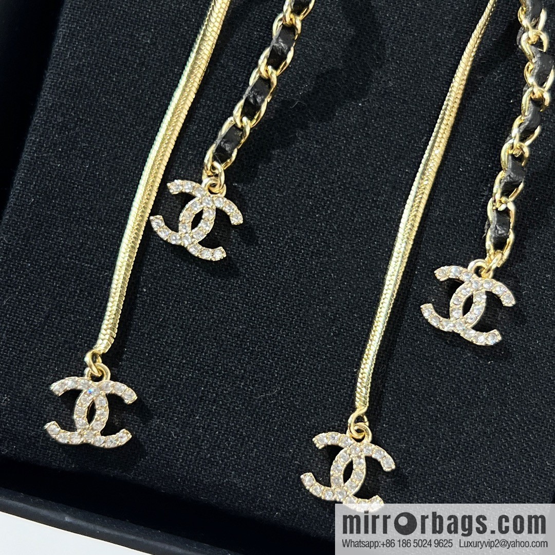 New ☑️ CHANEL Chanel double c tassel black leather rope stud earrings