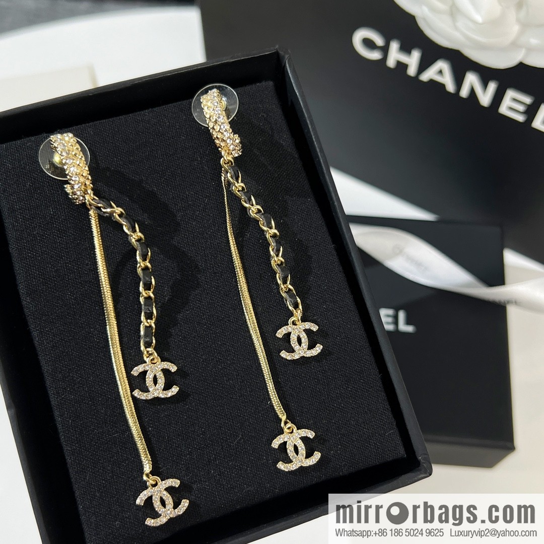 New ☑️ CHANEL Chanel double c tassel black leather rope stud earrings