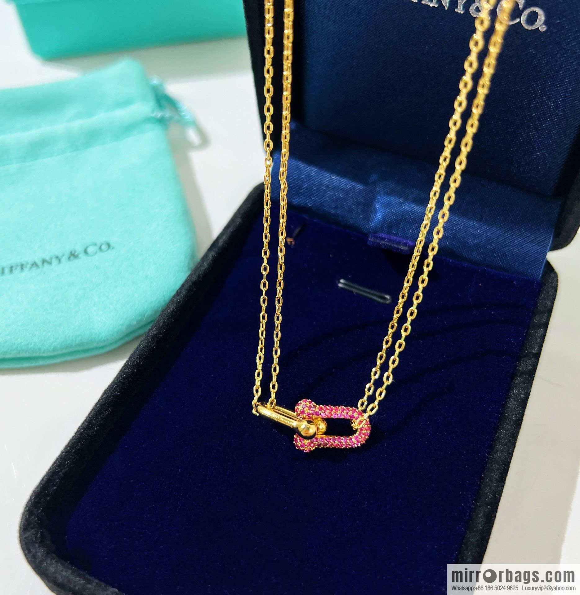Tiffany & co. Pink diamond full diamond double chain ring necklace