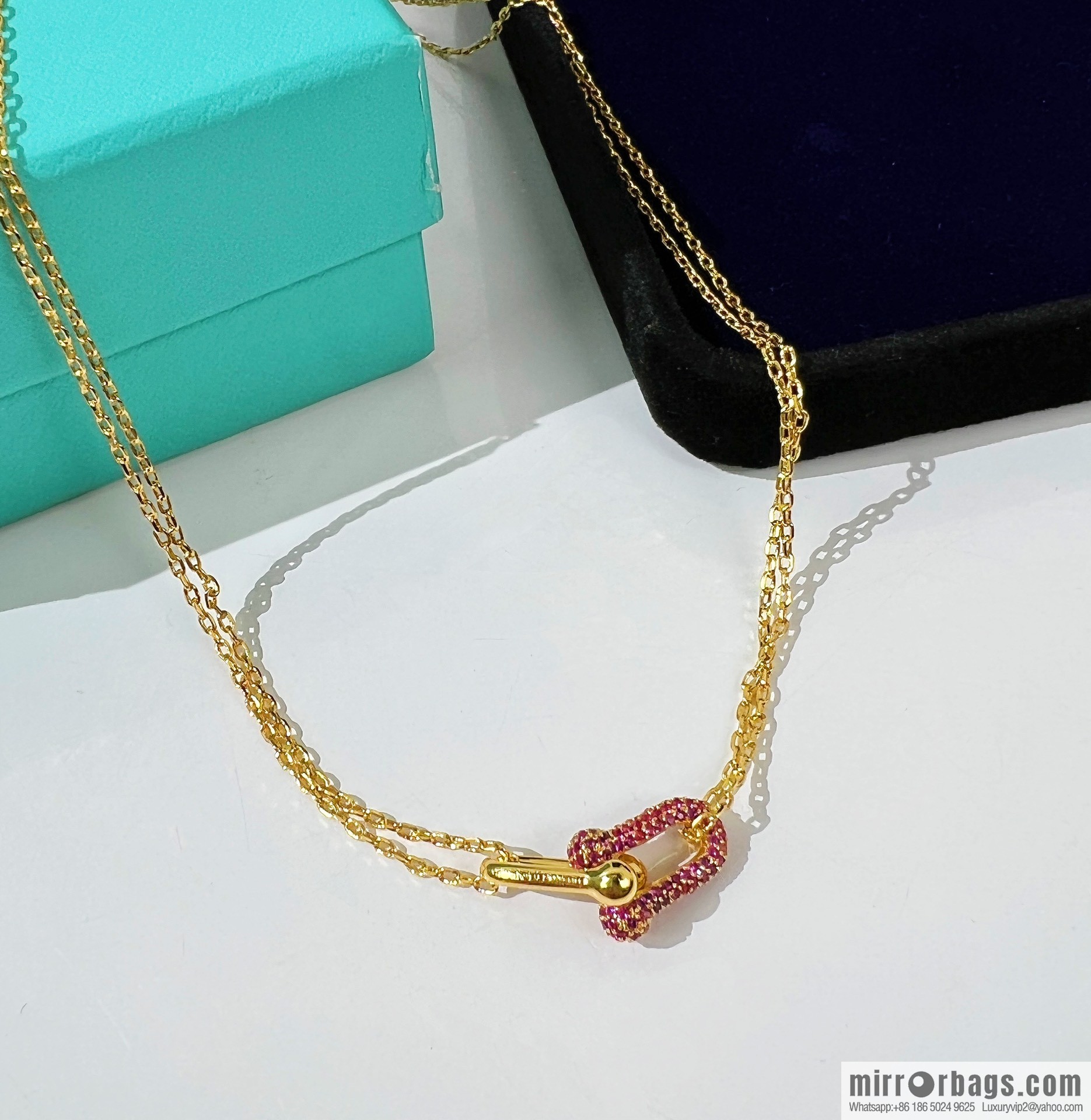 Tiffany & co. Pink diamond full diamond double chain ring necklace