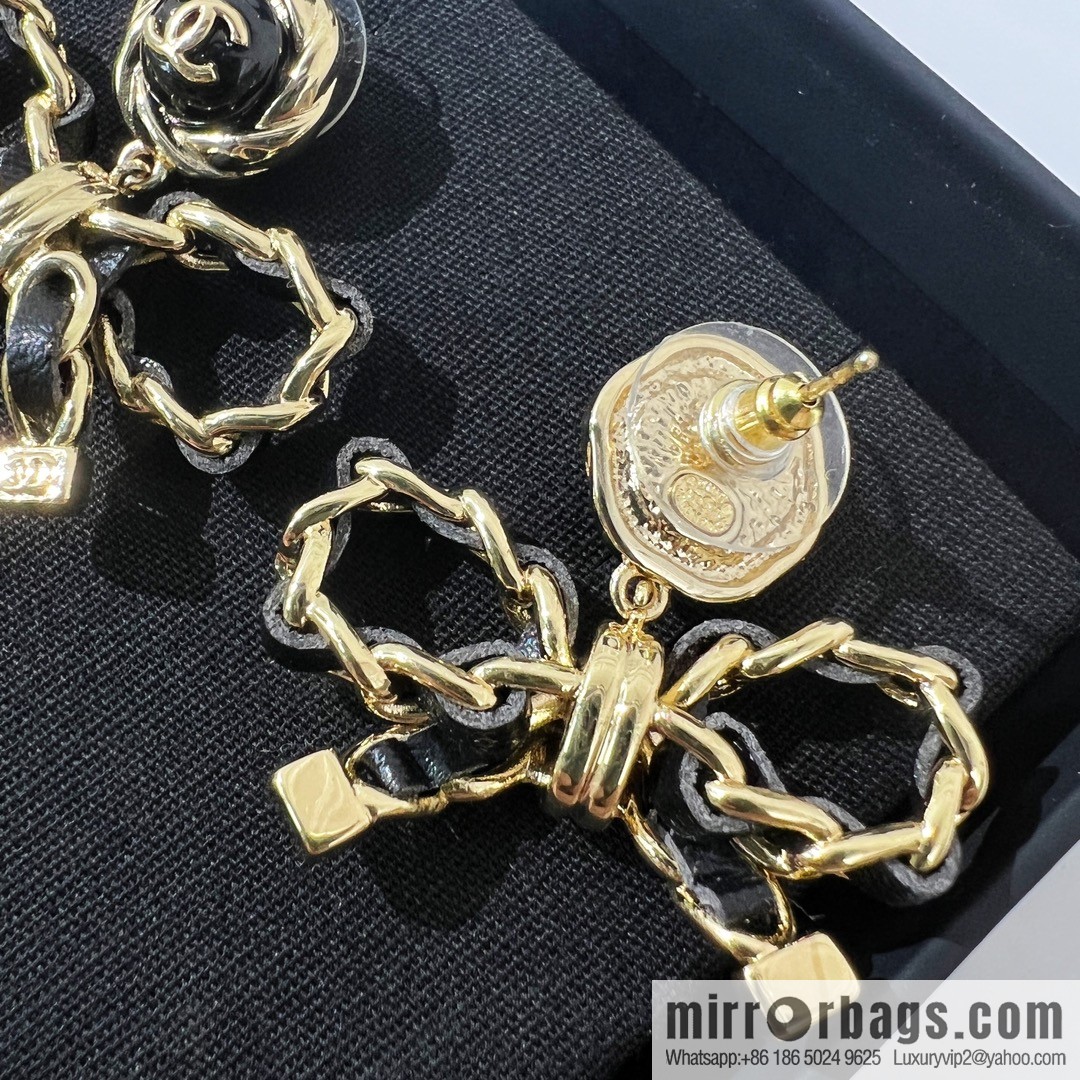 New ☑️ CHANEL Chanel double c black leather rope bow stud earrings