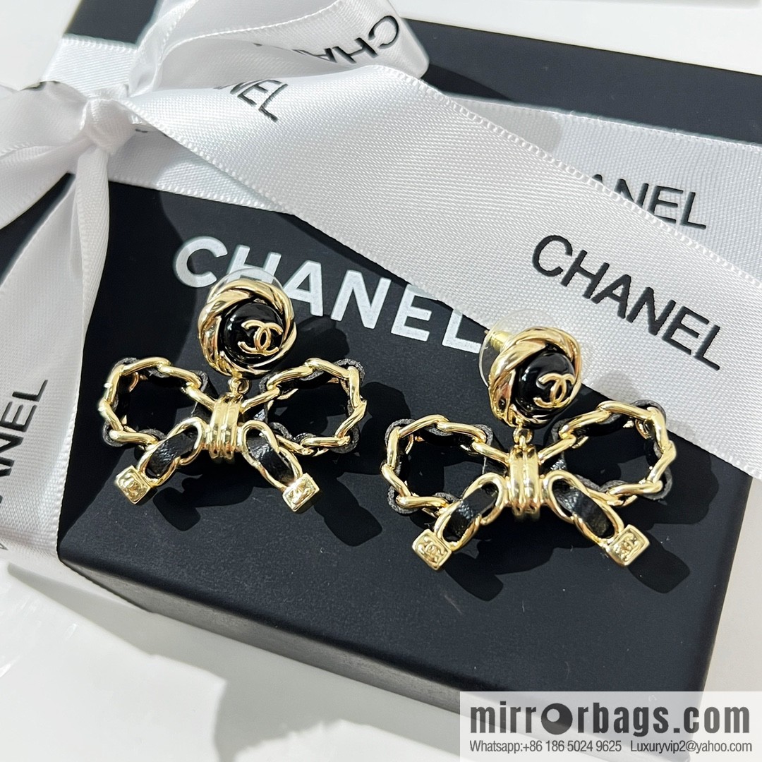 New ☑️ CHANEL Chanel double c black leather rope bow stud earrings