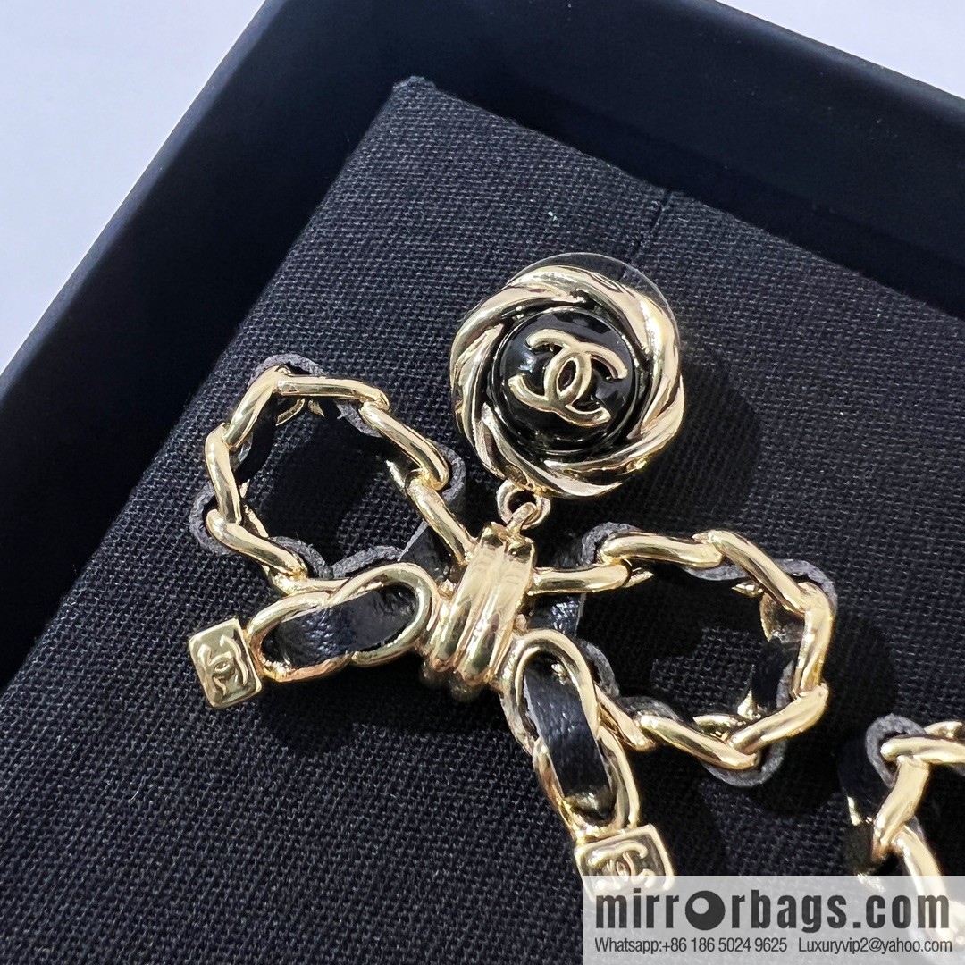 New ☑️ CHANEL Chanel double c black leather rope bow stud earrings