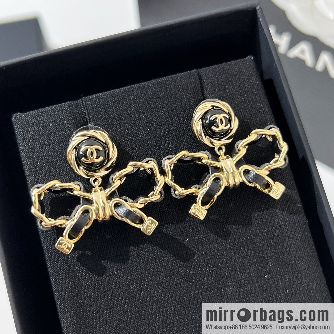 New ☑️ CHANEL Chanel double c black leather rope bow stud earrings