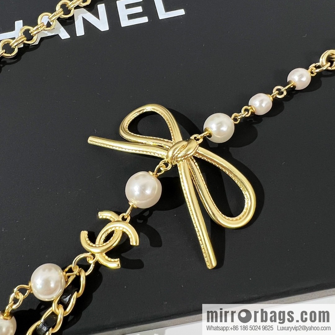 New ☑️ CHANEL Chanel double c black leather rope bow sweater chain necklace