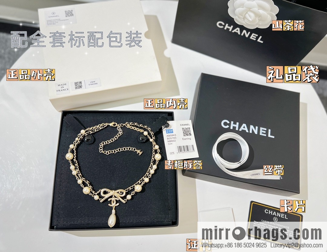 New ☑️ CHANEL Chanel Double C Bow Double Pearl Necklace