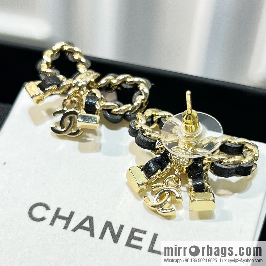 New ☑️ CHANEL Chanel double c black leather rope bow stud earrings