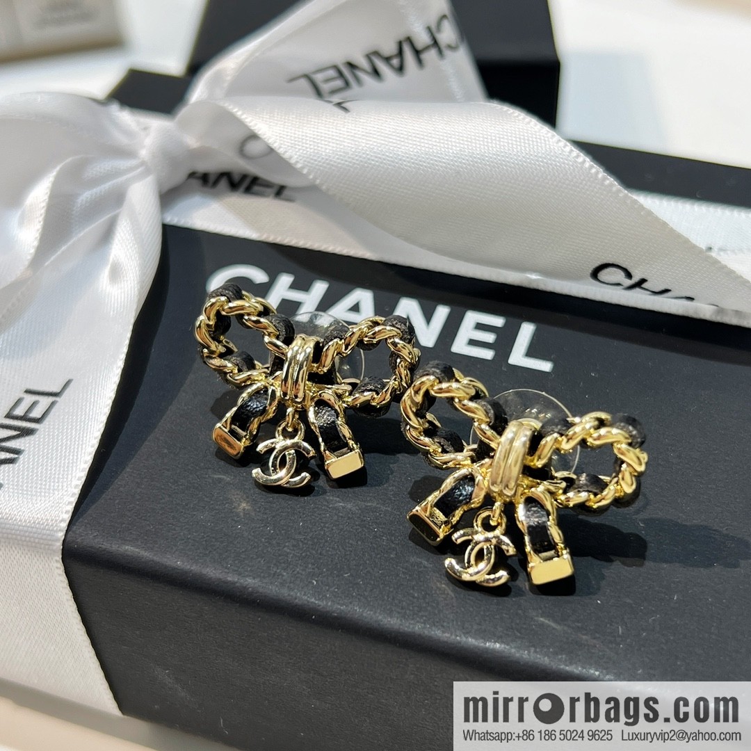 New ☑️ CHANEL Chanel double c black leather rope bow stud earrings