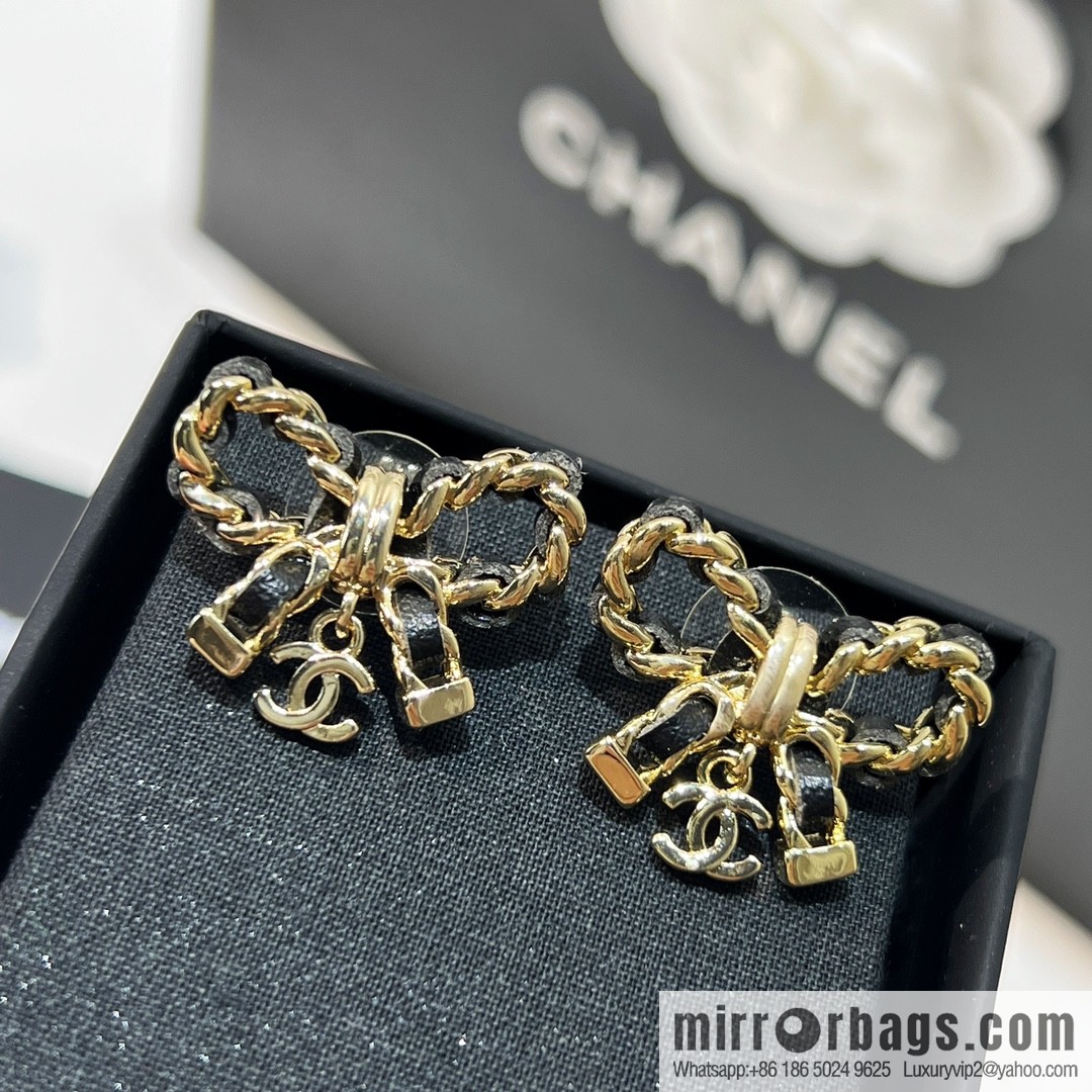 New ☑️ CHANEL Chanel double c black leather rope bow stud earrings
