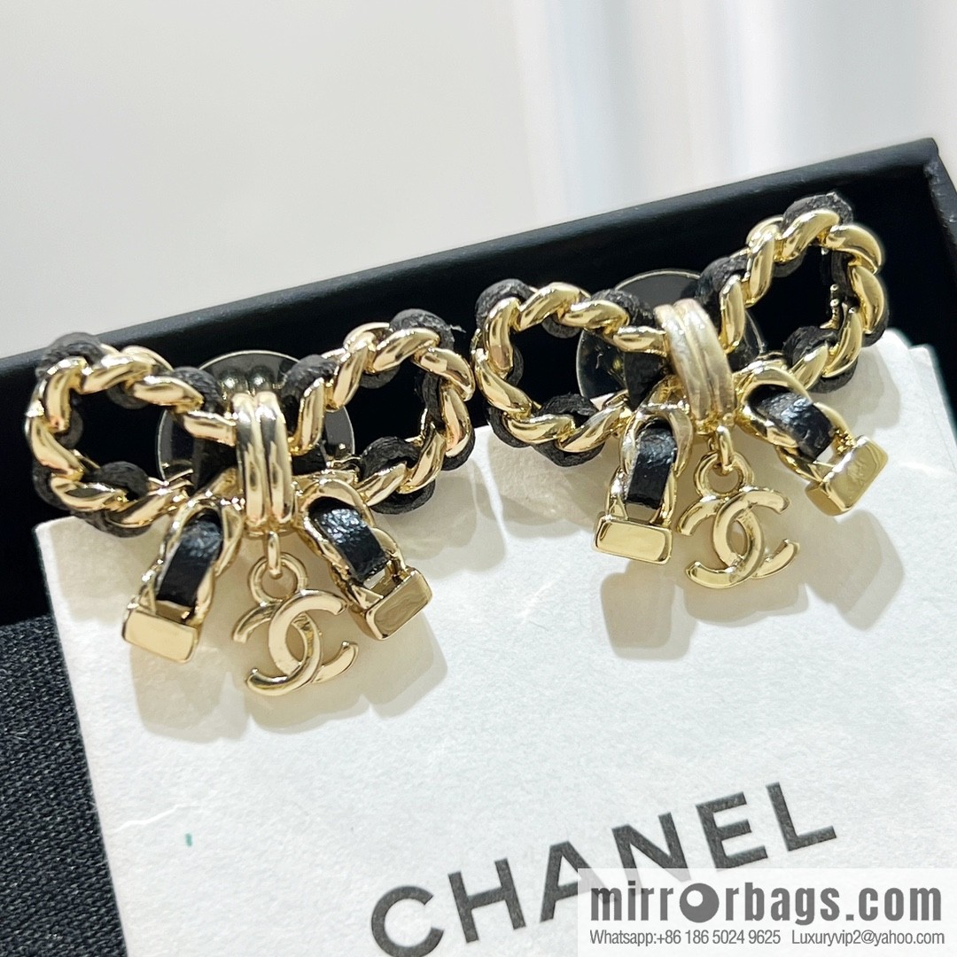 New ☑️ CHANEL Chanel double c black leather rope bow stud earrings
