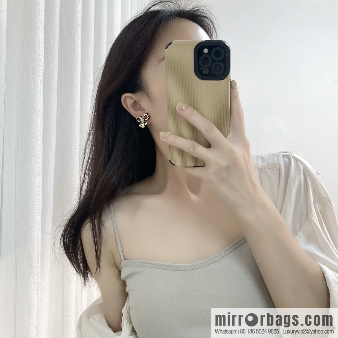 New ☑️ CHANEL Chanel double c black leather rope bow stud earrings