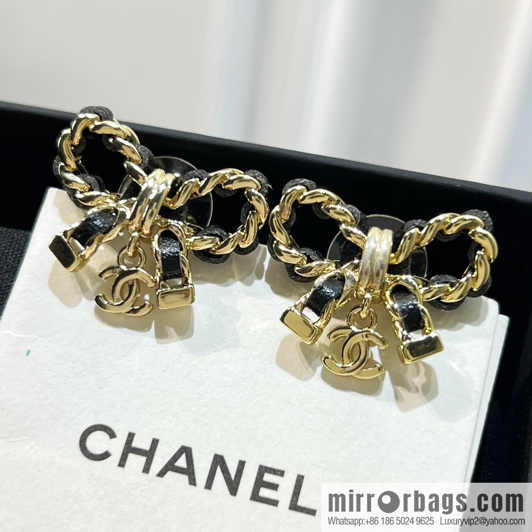 New ☑️ CHANEL Chanel double c black leather rope bow stud earrings