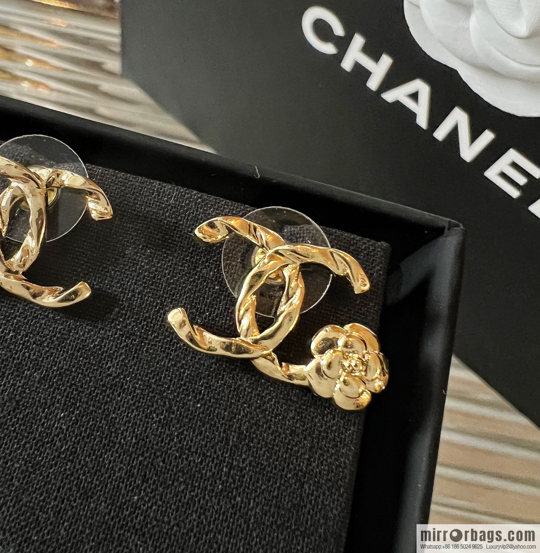 New ☑️ CHANEL Chanel gold double c camellia stud earrings