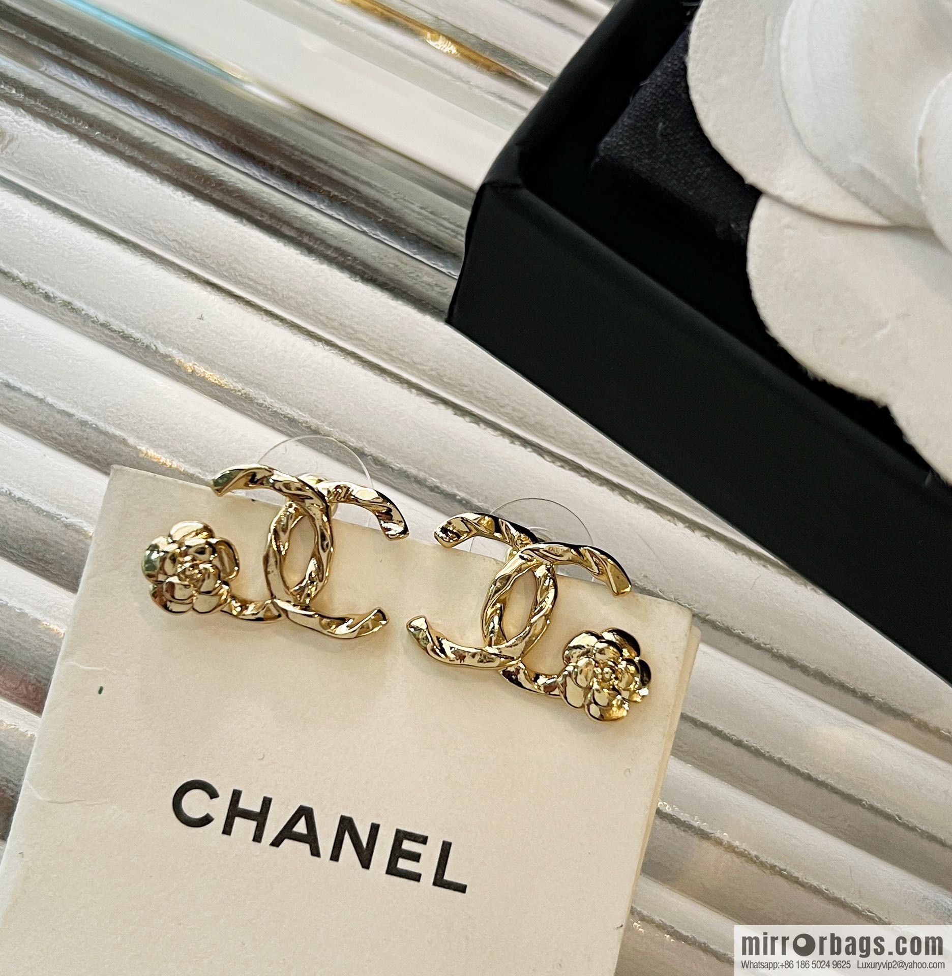 New ☑️ CHANEL Chanel gold double c camellia stud earrings