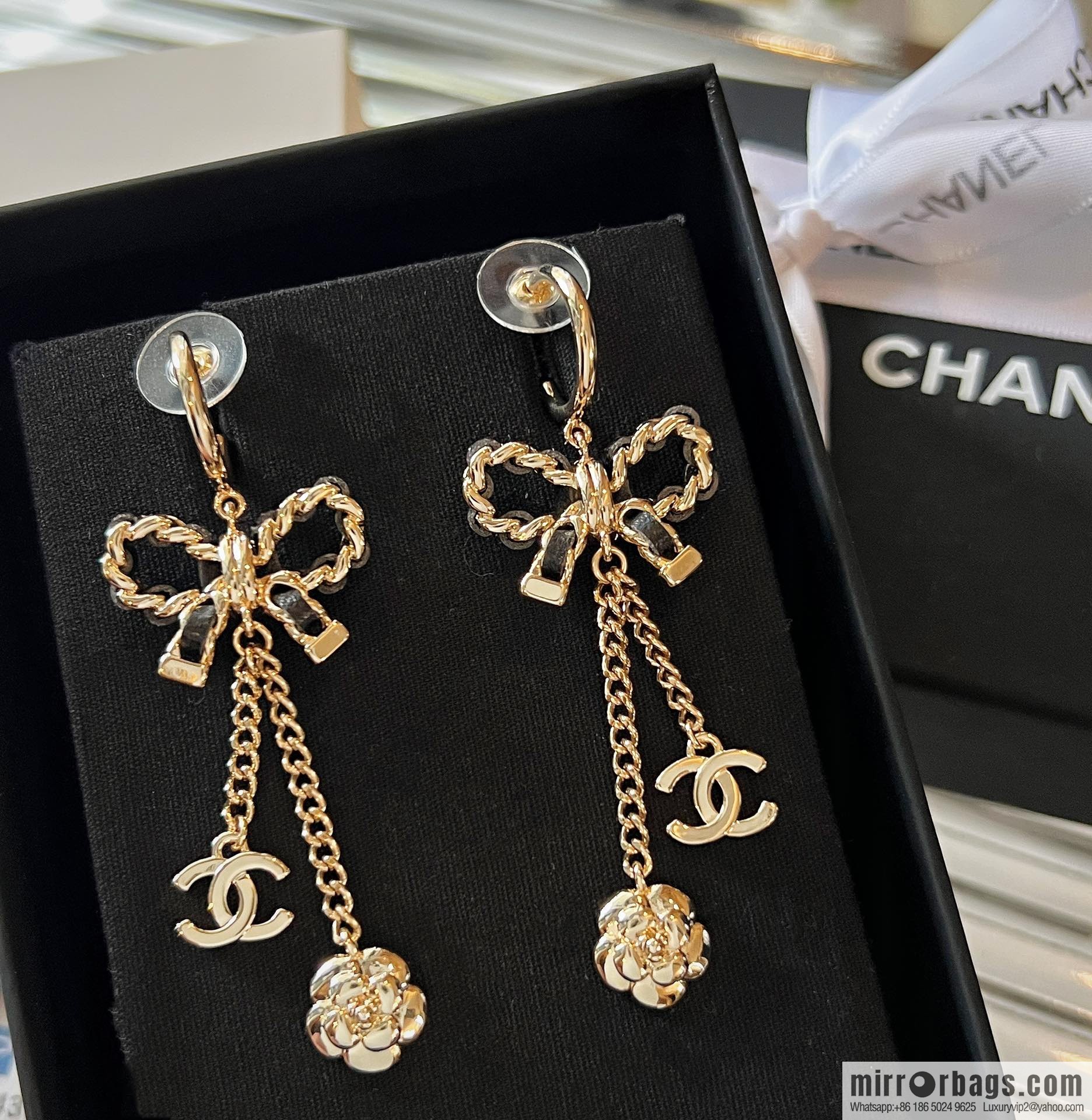 New ☑️ CHANEL Chanel double c camellia bow stud earrings