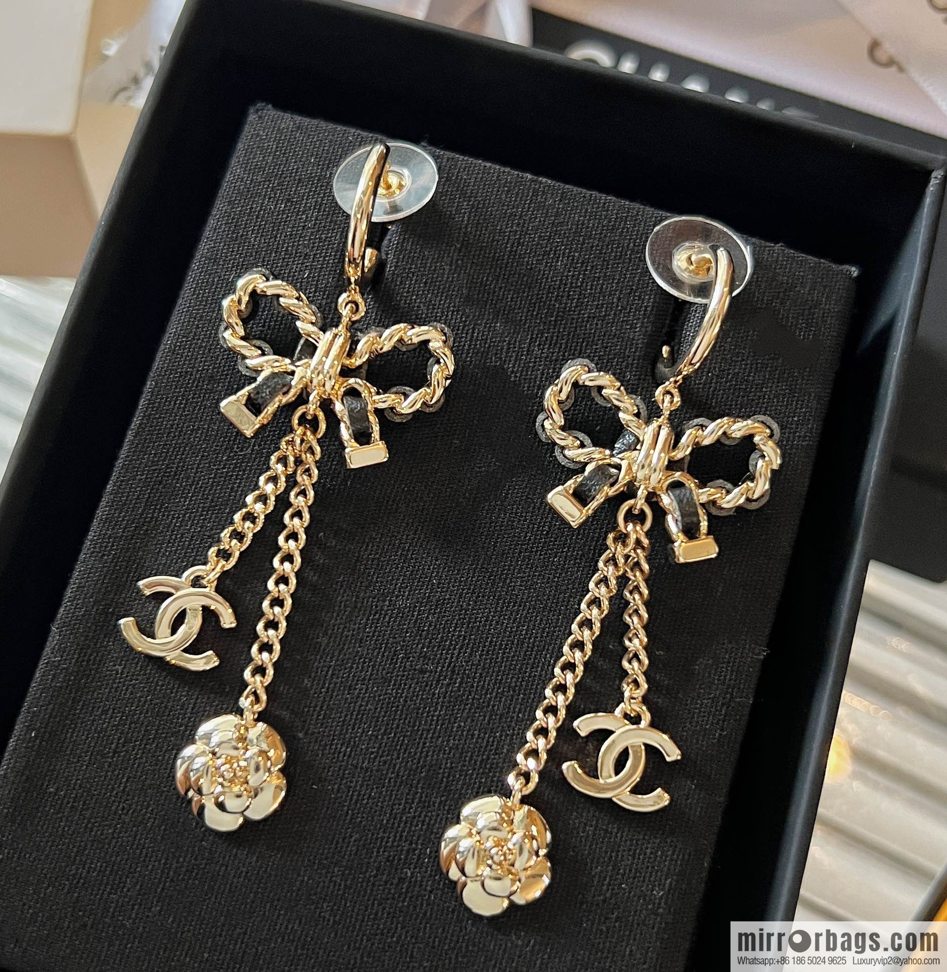 New ☑️ CHANEL Chanel double c camellia bow stud earrings
