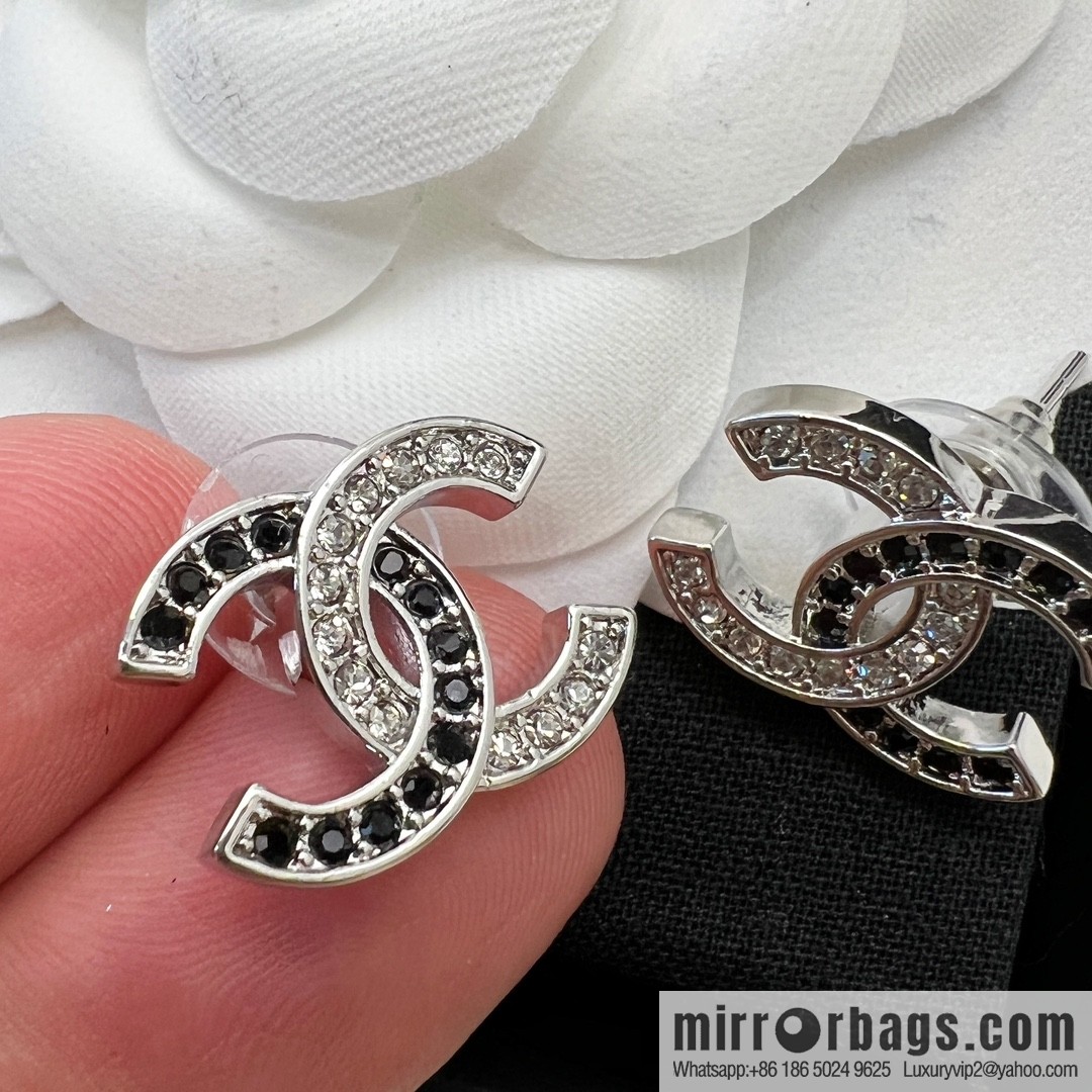 New ☑️ CHANEL Chanel double c black and white diamond stud earrings